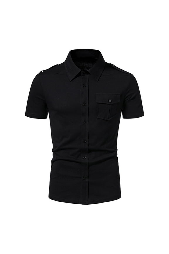 Men's Muscle Dress Shirts Slim Fit Stretch Short Sleeve Athletic Button Down Shirts with Chest Pocket(Black,L)