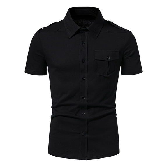 RYRJJ Men's Muscle Dress Shirts Slim Fit Stretch Short Sleeve Athletic Button Down Shirts with Chest Pocket(Black,S)