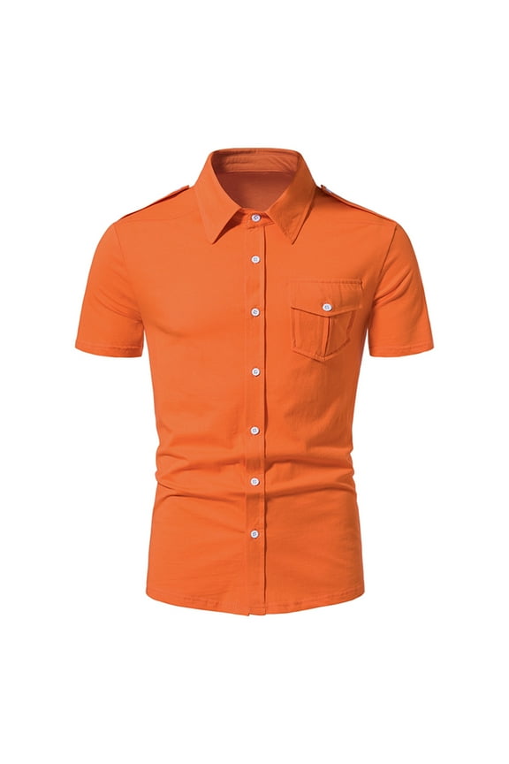 Men's Muscle Dress Shirts Slim Fit Stretch Short Sleeve Athletic Button Down Shirts with Chest Pocket(Orange,XXL)