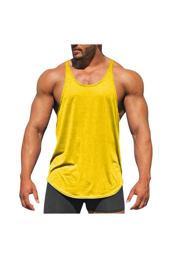 Men's Muscle Gym Workout Stringer Tank Tops Bodybuilding Fitness T-Shirts Y-Back Athletic Fitness Basic Tees(Yellow,XL)