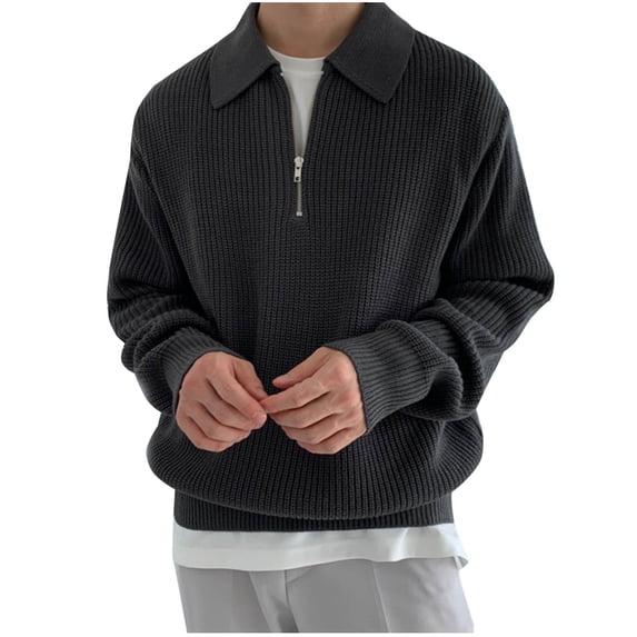 RYRJJ Men's Quarter Zip Sweaters Casual Lapel Collared Pullover Tops Ribbed Knit Polo Sweater(Black,XXL)