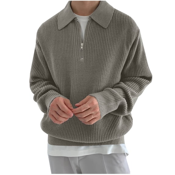 RYRJJ Men's Quarter Zip Sweaters Casual Lapel Collared Pullover Tops Ribbed Knit Polo Sweater(Gray,M)
