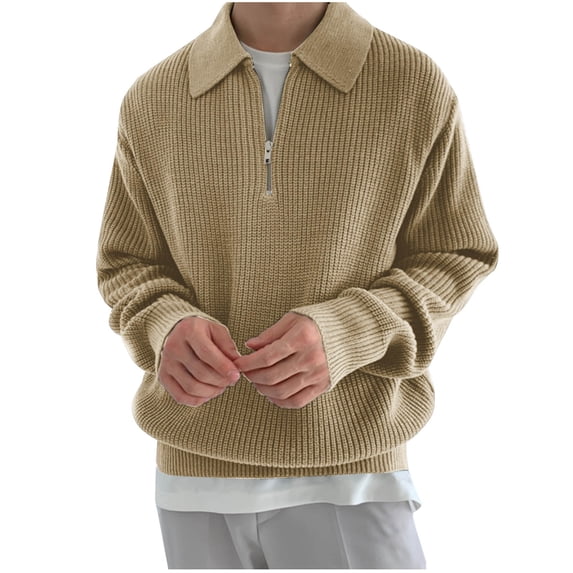 RYRJJ Men's Quarter Zip Sweaters Casual Lapel Collared Pullover Tops Ribbed Knit Polo Sweater(Khaki,L)