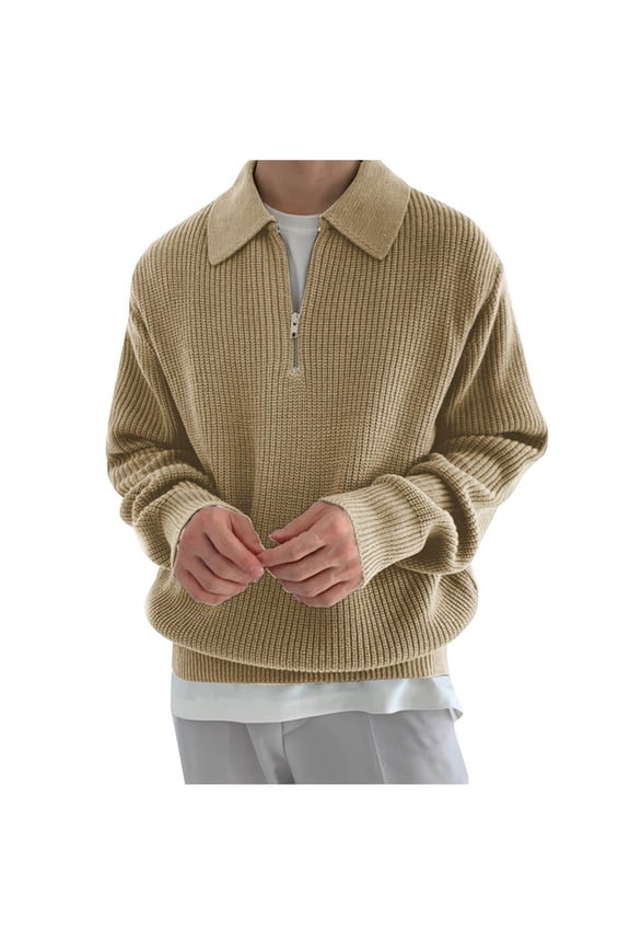 Men's Quarter Zip Sweaters Casual Lapel Collared Pullover Tops Ribbed Knit Polo Sweater(Khaki,XL)