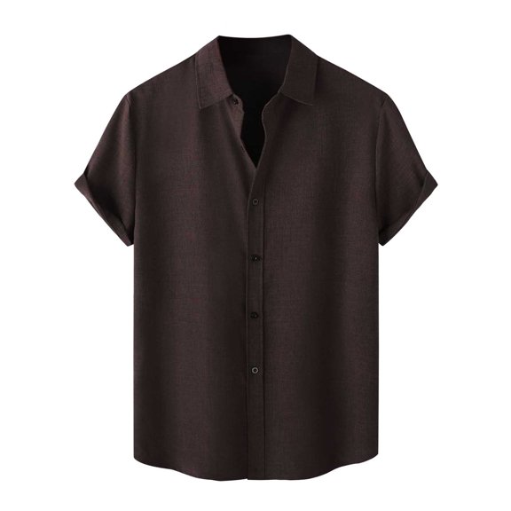 RYRJJ Men's Regular Fit Cotton Linen Shirt Roll Up Short Sleeve Button Down Business Dress Shirts(Coffee,3XL)