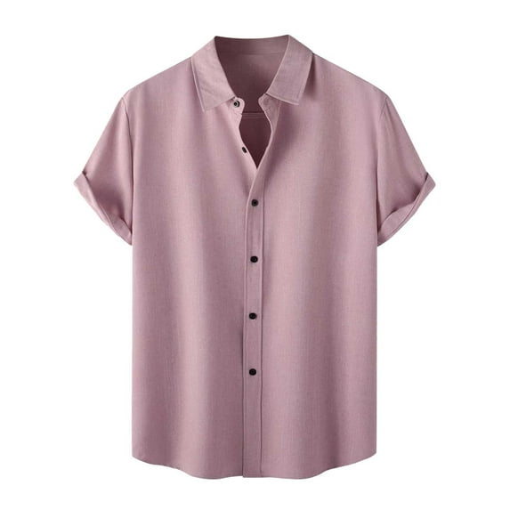 RYRJJ Men's Regular Fit Cotton Linen Shirt Roll Up Short Sleeve Button Down Business Dress Shirts(Pink,M)