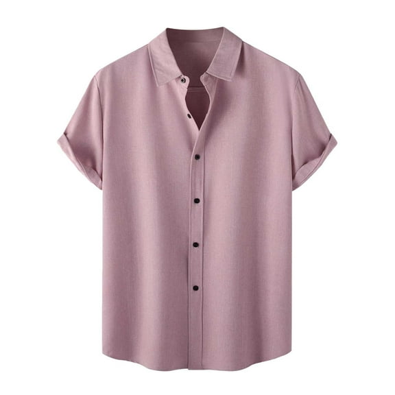 RYRJJ Men's Regular Fit Cotton Linen Shirt Roll Up Short Sleeve Button Down Business Dress Shirts(Pink,M)