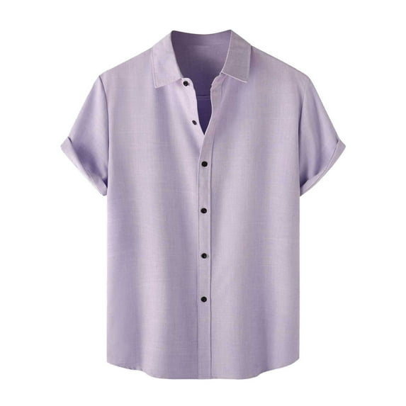 RYRJJ Men's Regular Fit Cotton Linen Shirt Roll Up Short Sleeve Button Down Business Dress Shirts(Purple,XXL)
