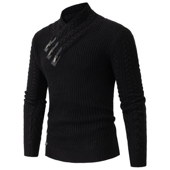 RYRJJ Men's Shawl Collar Sweater Long Sleeve Slim Fit Casual Decor Buttons Pullover Cable Knitted Sweaters(Black,L)
