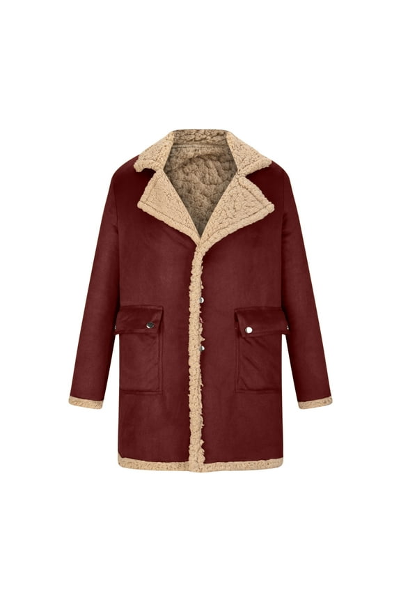 Men's Shearling Leather Coat Faux Suede Sherpa Lined Winter Thicken Warm Lapel Sheepskin Bomber Jacket with Pockets(Red,3XL)