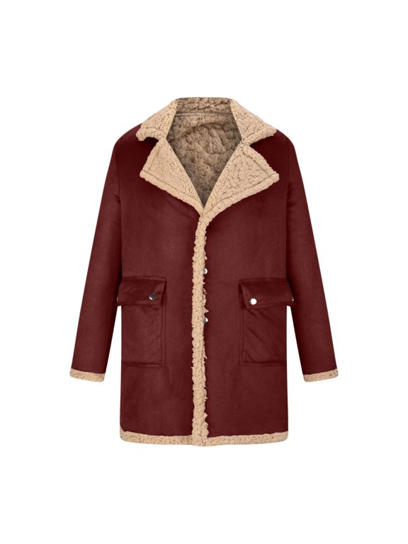Men's Shearling Leather Coat Faux Suede Sherpa Lined Winter Thicken Warm Lapel Sheepskin Bomber Jacket with Pockets(Red,S)