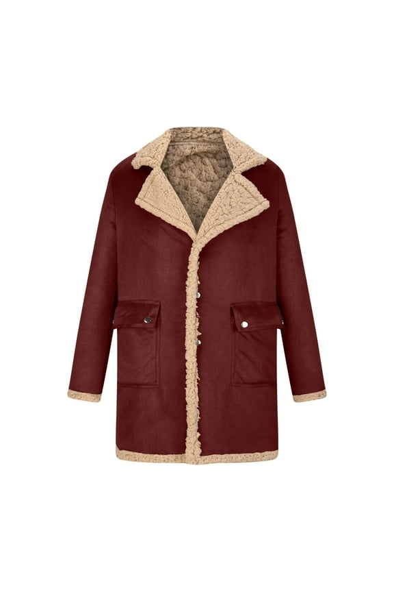 Men's Shearling Leather Coat Faux Suede Sherpa Lined Winter Thicken Warm Lapel Sheepskin Bomber Jacket with Pockets(Red,S)