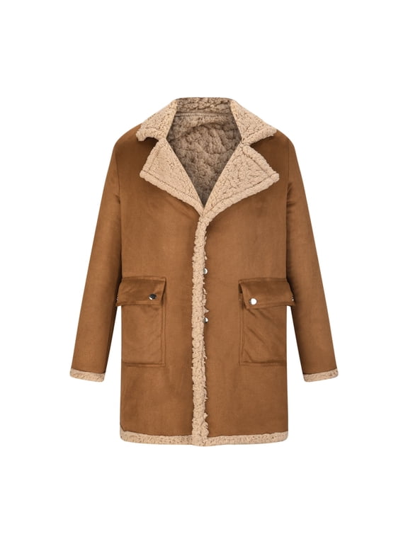 Men's Shearling Leather Coat Faux Suede Sherpa Lined Winter Thicken Warm Lapel Sheepskin Bomber Jacket with Pockets(Yellow,S)