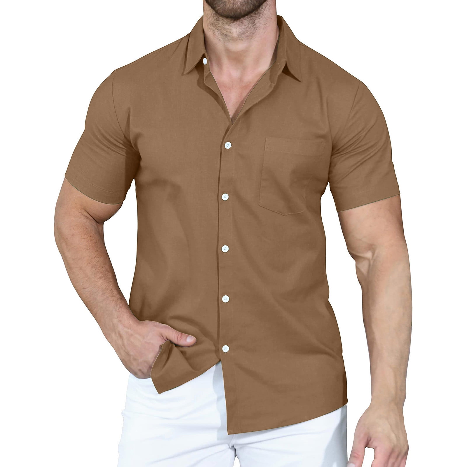 RYRJJ Men's Short Sleeve Button Up Linen Shirts Summer Casual Pocket Beach  Dress Shirts(Brown,XL)