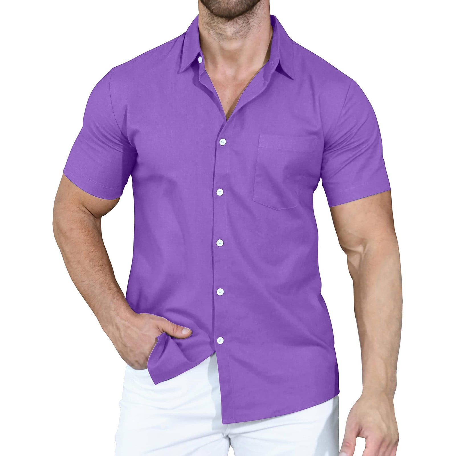 RYRJJ Men's Short Sleeve Button Up Linen Shirts Summer Casual Pocket ...