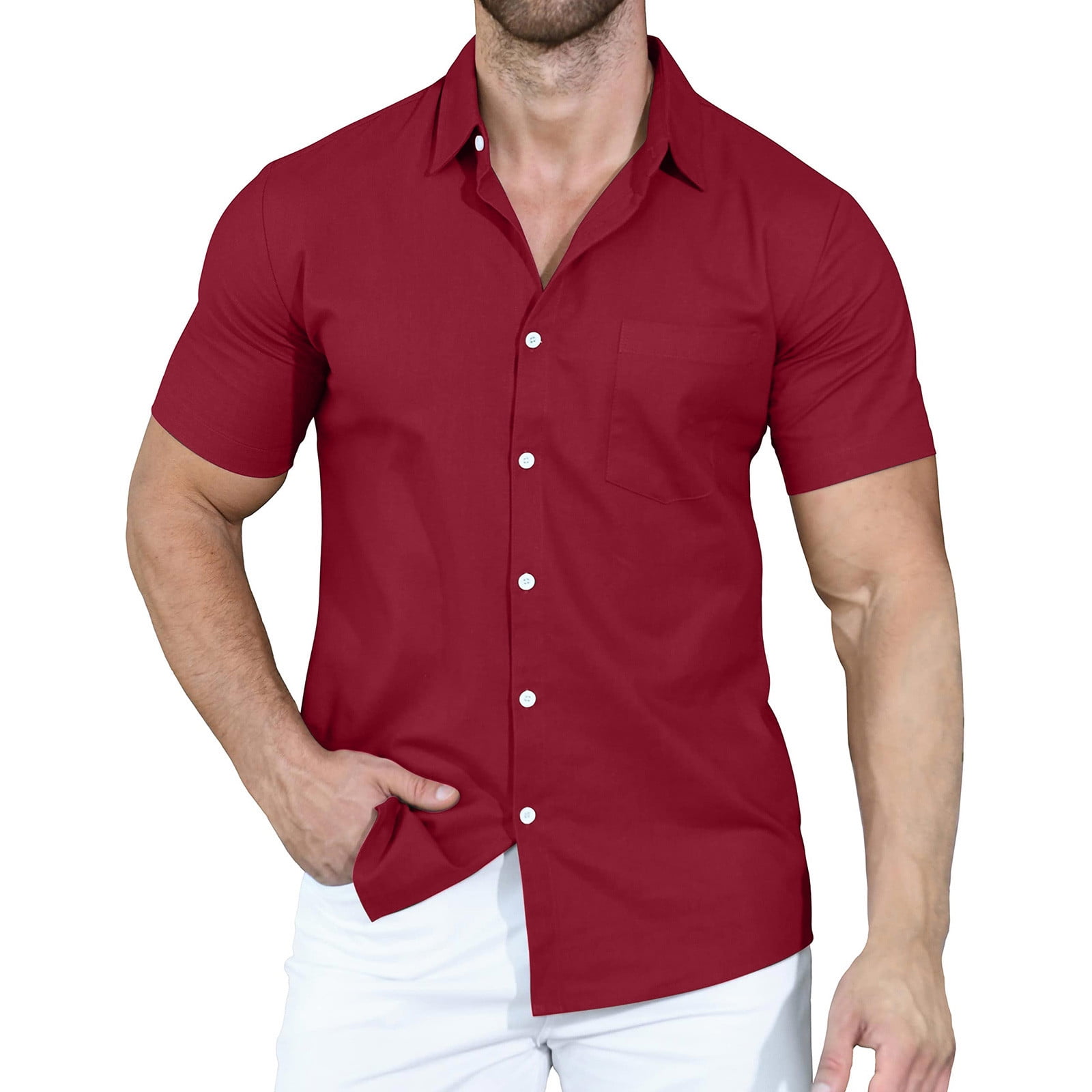 RYRJJ Men's Short Sleeve Button Up Linen Shirts Summer Casual Pocket Beach  Dress Shirts(Brown,XL) 