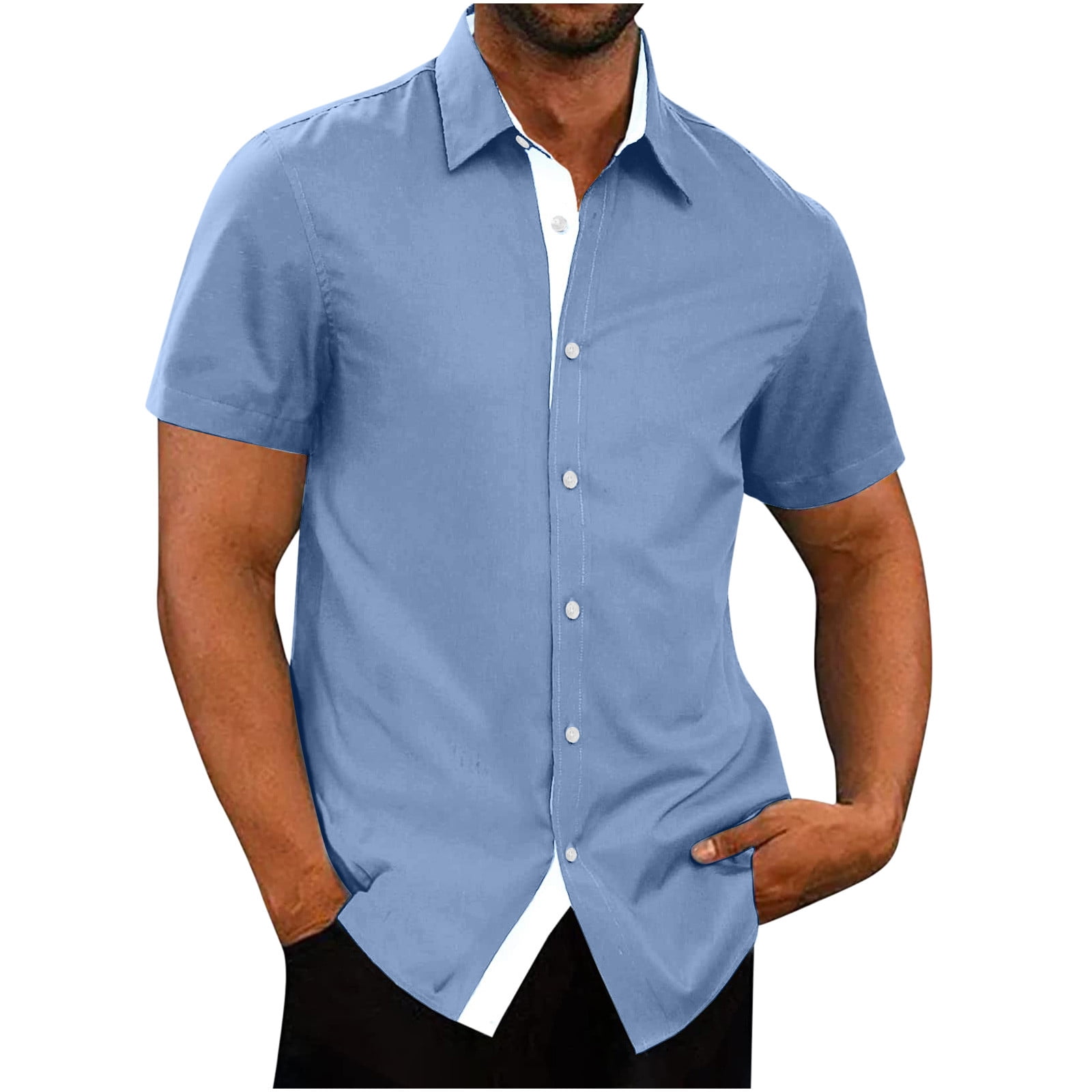 RYRJJ Men's Short Sleeve Dress Shirts Casual Button Down Shirts  Wrinkle-Free Business Work Shirt Tops(Blue,L)