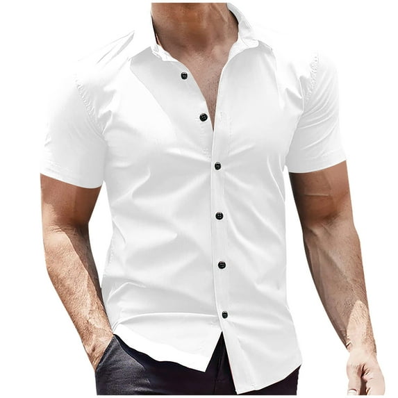 RYRJJ Men's Short Sleeve Dress Shirts Casual Button Down Shirts Wrinkle-Free Business Work Shirt Tops(z-White,XL)