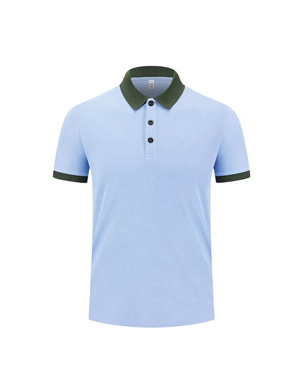 Men's Short Sleeve Polo Shirts Summer Casual Lightweight Color Block Collared T-Shirts Button Golf Tees Tops(Sky Blue,S)