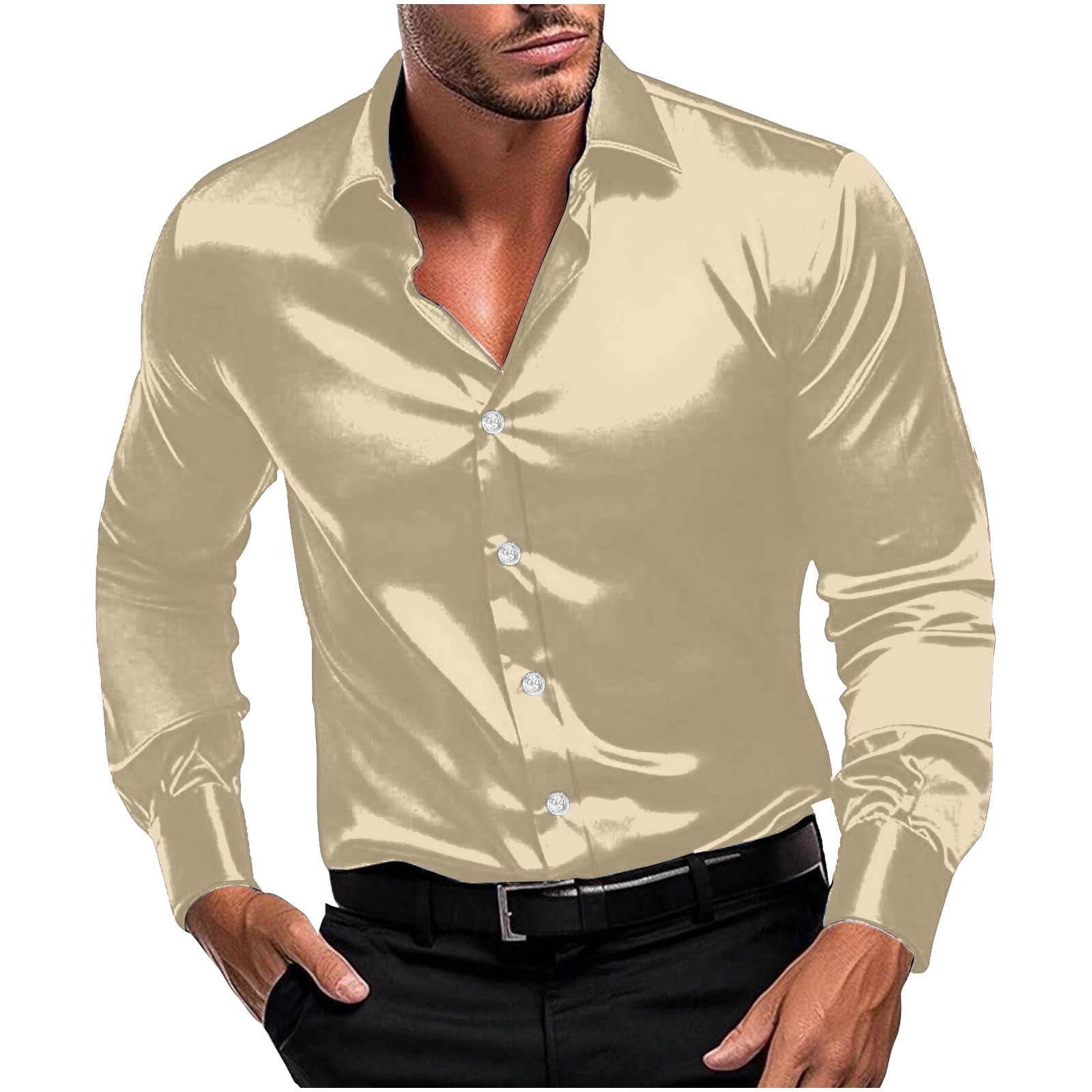 mens dress shirts beige New Solid Tan Men's Formal Silk Long Sleeve Shirt – Modern Man Boutique main image 1