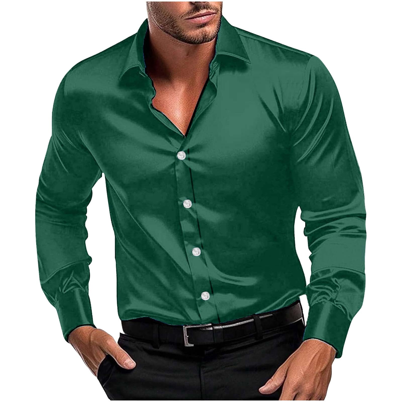 green dress shirt amazon Ryrjj Men's Silk Satin Long Sleeve Dress Shirts Business Casual Button Down Shirt Wedding Formal Party Prom Shirts(Army Green,L), Size: Large