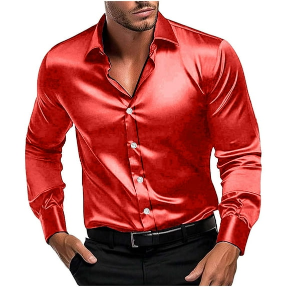 RYRJJ Men's Silk Satin Long Sleeve Dress Shirts Business Casual Button Down Shirt Wedding Formal Party Prom Shirts(Red,XXL)