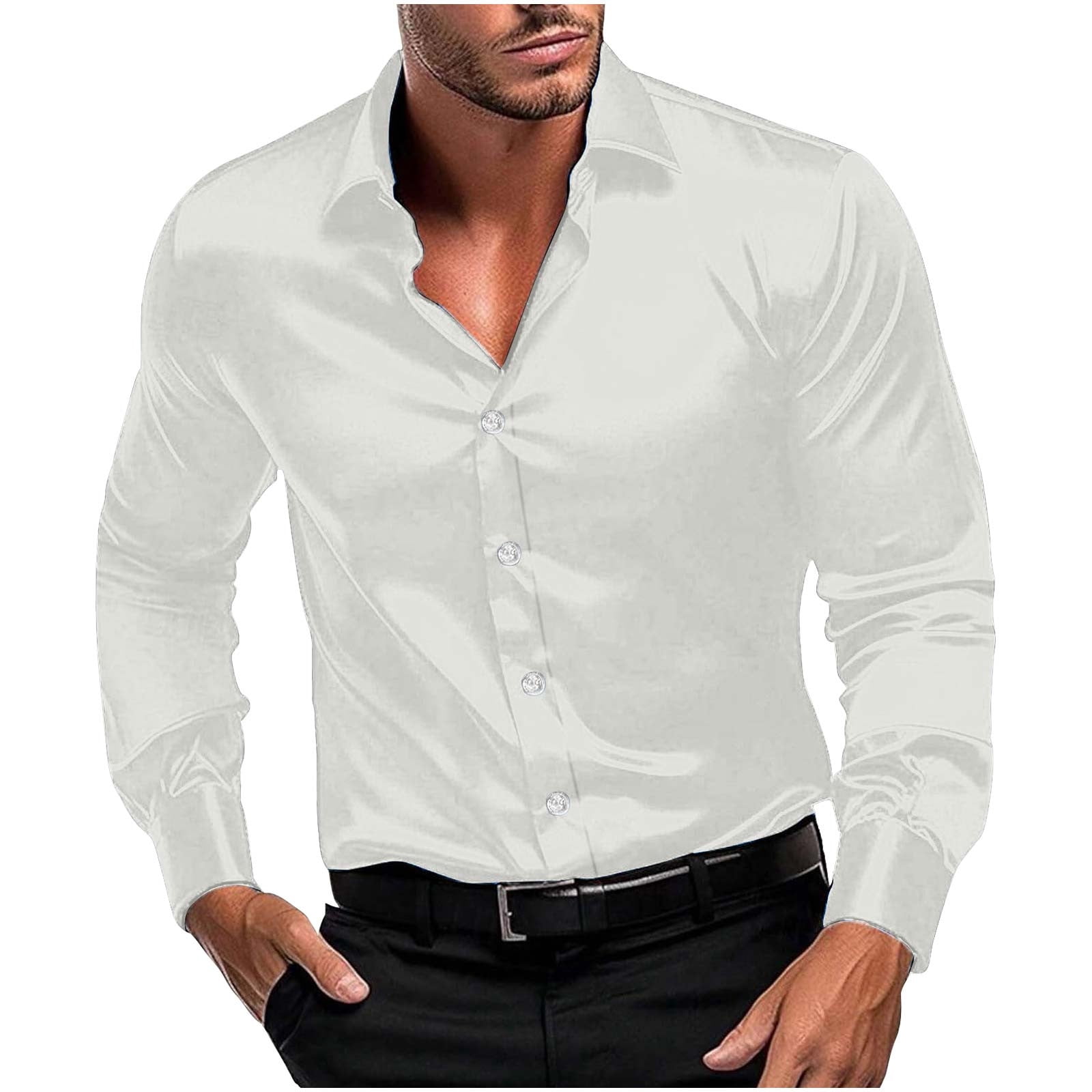 4xl white dress shirt RYRJJ Men's Silk Satin Long Sleeve Dress Shirts Business Casual Button Down  Shirt Wedding Formal Party Prom Shirts(White,4XL)