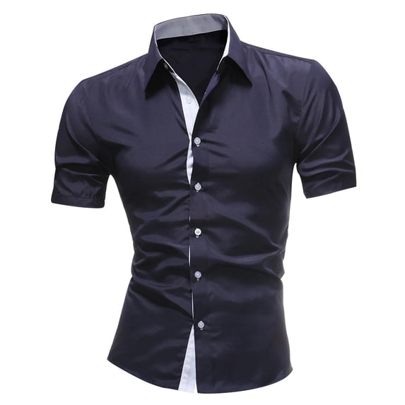 RYRJJ Men's Slim Fit Short Sleeve Dress Shirts Fashion Party Button Down Shirts Casual Wrinkle-Free Business Work Shirts(Navy,S)