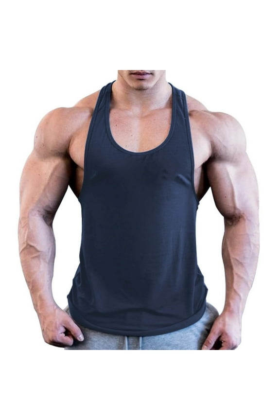 Men's Stringer Tank Tops Y-Back Bodybuilding Muscle Sleeveless T-Shirts Gym Fitness Tank Shirts(Navy,XL)