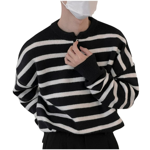 RYRJJ Men's Striped Sweaters Long Sleeve Button Crewneck Pullover Sweater Loose Casual Fashion Knitted Sweater(Black,3XL)