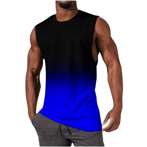 RYRJJ Men's Summer Tank Top Shirt Gradient Printed Sleeveless Shirts Muscle Tank Tops Sport Round Neck T-Shirt(Blue,L)