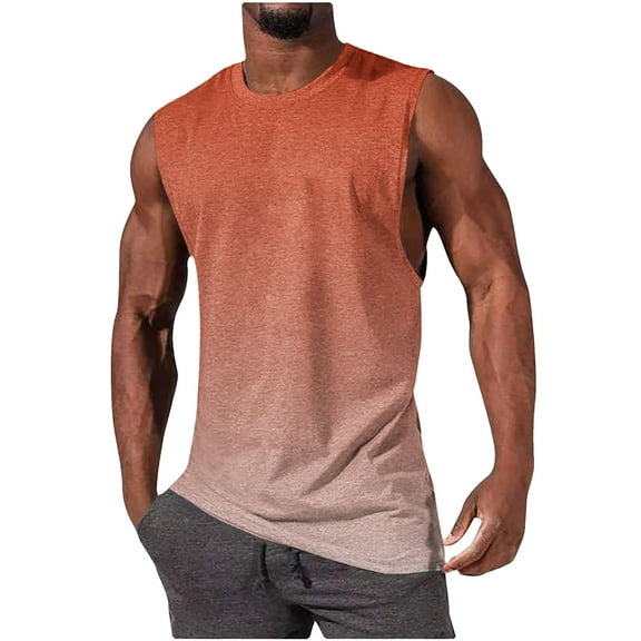 RYRJJ Men's Summer Tank Top Shirt Gradient Printed Sleeveless Shirts Muscle Tank Tops Sport Round Neck T-Shirt(Orange,XL)