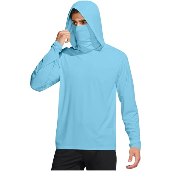 RYRJJ Men's Sun Protection Hoodie Shirt UPF 50+ Long Sleeve UV SPF T-Shirts with Face Mask Rash Guard Fishing Quick Dry Lightweight(Light Blue,L)