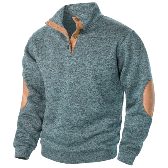 RYRJJ Men's Sweatshirt Casual Long Sleeve Stand Collar Button Pullover Polo Shirts Vintage Elbow Patches Sweatshirts(Light Blue,L)