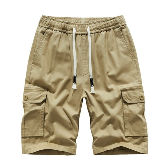 RYRJJ Men's Tactical Camouflage Cargo Shorts Elastic Waist Relaxed Fit Cotton Casual Outdoor Lightweight Work Shorts Multi-Pockets(Khaki,L)