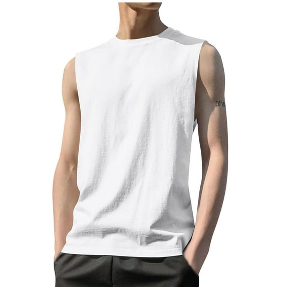 RYRJJ Men's Tank Top Cotton Muscle Workout Gym Shirts Stretchy Lightweight Summer Casual Sleeveless T-Shirts(White,M)