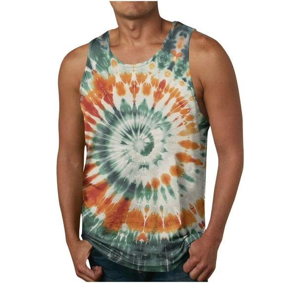 RYRJJ Men's Tie Dye Tank Tops Summer Casual Beach Shirts Sleeveless Shirt for Bodybuilding Gym Fitness Training(Green,XL)