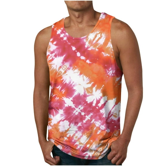 RYRJJ Men's Tie Dye Tank Tops Summer Casual Beach Shirts Sleeveless Shirt for Bodybuilding Gym Fitness Training(Orange Red,L)