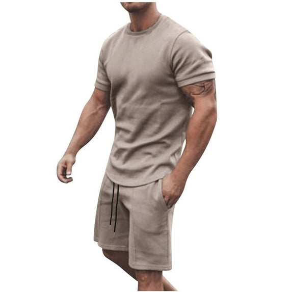 RYRJJ Men's Tracksuit 2 Piece Athletic Sweatsuit Short Sleeve Crewneck Muscle T Shirts Casual Drawstring Sports Shorts Set(Khaki,XXL)