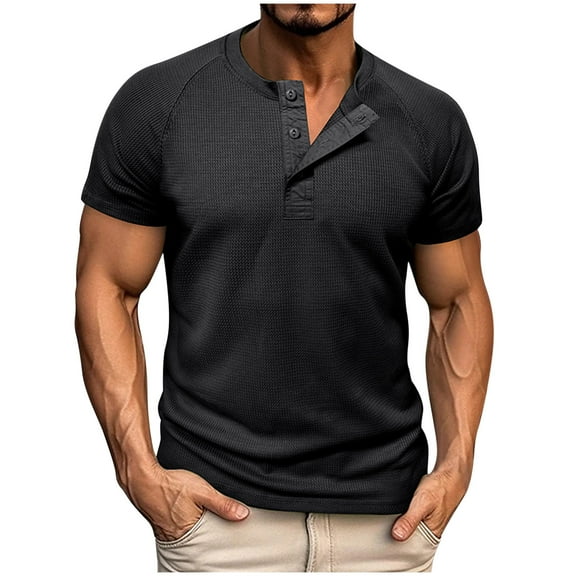 RYRJJ Men's Waffle Henley Shirts Raglan Short Sleeve Casual Basic Tee Summer Button Lightweight Stretch Work T Shirts(Black,XL)