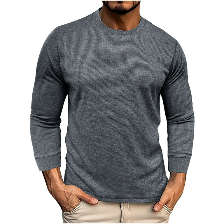 RYRJJ Men s Waffle Knit Sweater Tops Long Sleeve Crewneck T Shirt Casual Lightweight Soft Comfy Fall Winter Basic Pullover Shirts Dark Gray XL