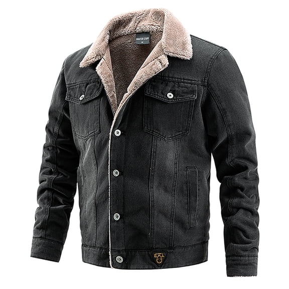 RYRJJ Men's Winter Sherpa Denim Jackets Casual Button Down Collared Thermal Fleece Lined Thicken Windbreaker Jean Trucker Jacket Coat(Black,XXL)