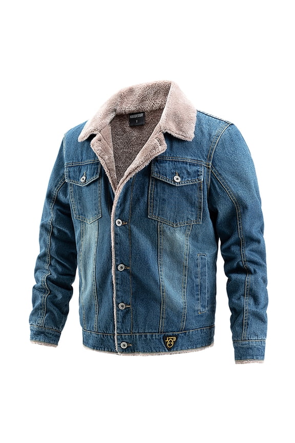 Men's Winter Sherpa Denim Jackets Casual Button Down Collared Thermal Fleece Lined Thicken Windbreaker Jean Trucker Jacket Coat(Dark Blue,XXL)
