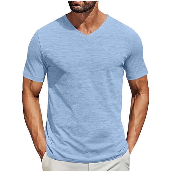 RYRJJ Men's Workout Gym T Shirts Short Sleeve Classic V Neck T-Shirt Solid Color Casual Summer Basic Tee Shirt(Light Blue,L)