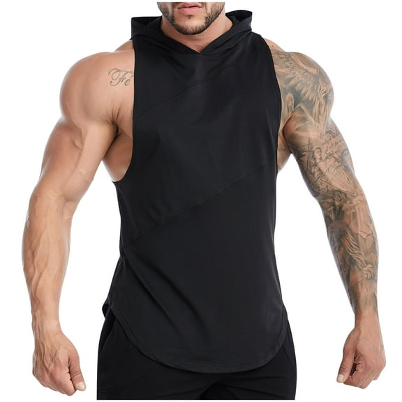 RYRJJ Men's Workout Hooded Tank Tops Quick Dry Training Bodybuilding Muscle Cut Off T Shirt Sleeveless Gym Hoodies(Black,M)