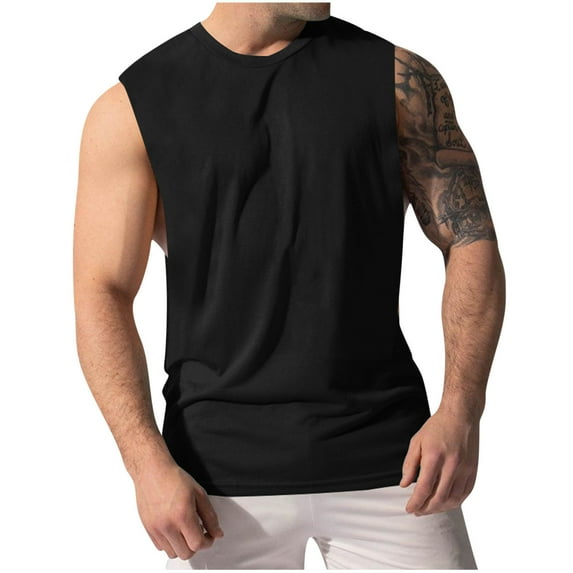 RYRJJ Men's Workout Tank Tops Cut Off Sleeveless Round Neck Gym Shirts Bodybuilding Fitness Muscle Tee Shirts(Black,XXL)