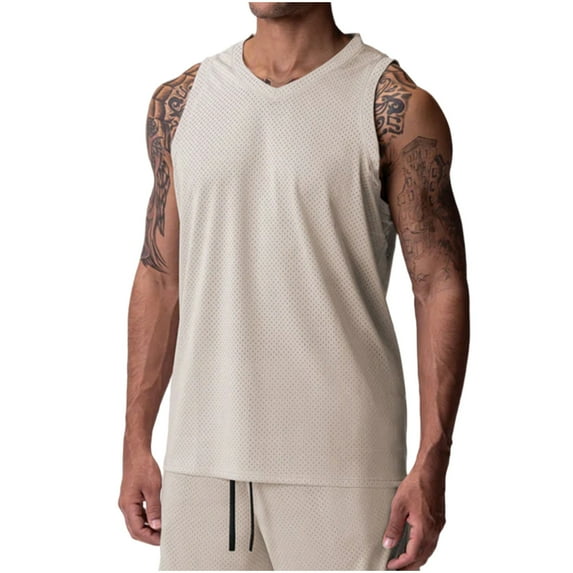 RYRJJ Men's Workout Tank Tops Mesh Gym Sleeveless V-Neck Quick Dry Bodybuilding Shirts Fitness Athletic Muscle Tees(Khaki,XXL)