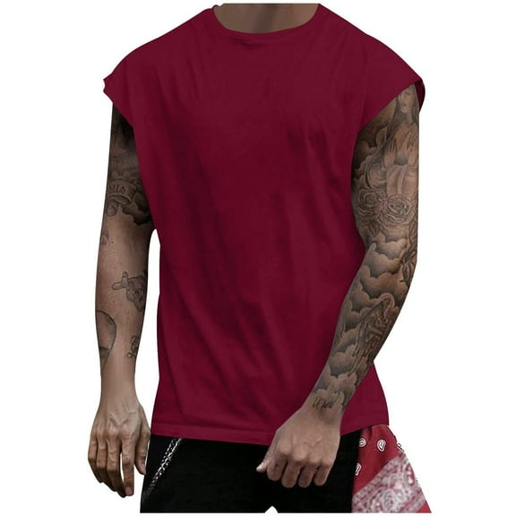 RYRJJ Men's Workout Tank Tops Summer Crew Neck Sleeveless Shirts Breathable Athletic Gym Beach Muscle T Shirt(Wine,XL)