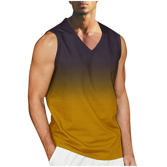 RYRJJ Men's Workout Tank Tops Trendy Gradient Color Gym Sleeveless Shirts V Neck Bodybuilding Muscle Tee Shirt(Yellow,XL)
