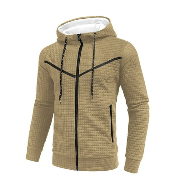 RYRJJ Men's Zip Up Hoodie Waffle Long Sleeve Casual Sweatshirt Jackets Drawstring Hooded Coat Outwear with Zipper Pockets(Khaki,XXL)